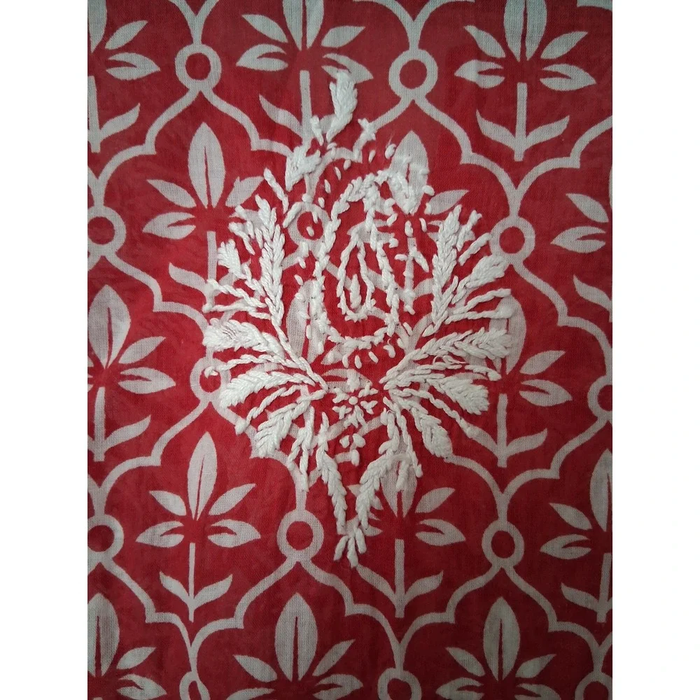 Dolma Womens Red White Block Print Embroidered Cotton Tunic Top Size S Boho - Picture 5 of 6